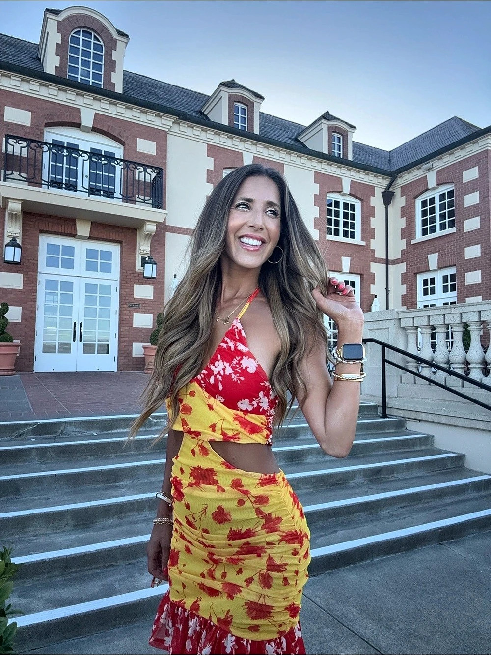 Yellow Base Red Floral Print Chiffon Halter Tie Ruched Flare Mini Dress - Picture 2 of 6